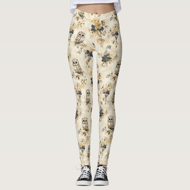 Arv Beige Uggla Botanisk Blommig Mönster Leggings (Framsida)