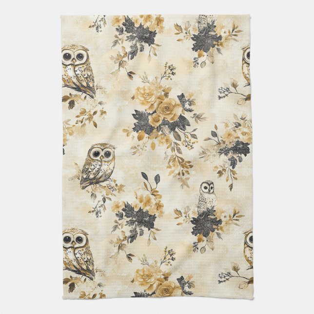 Arv Beige Uggla Botanisk Blommönster Kökshandduk (Vertikal)
