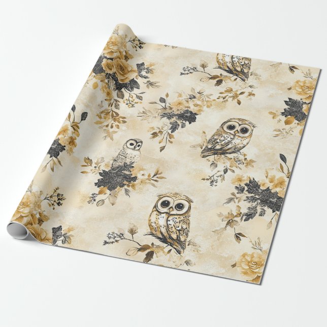 Arv Beige Uggla Botanisk Blommönster Presentpapper (Utrullad)