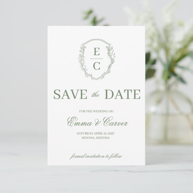 Arv Monogram-kam Wedding RSVP Sage Spara Datumet (Stående Fram)