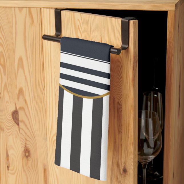Arv Stripe (svart + vit) Guldmonogram Kökshandduk (Thirds Fold)