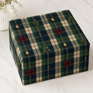 Arvsmässiga Navy Gröna Tartan Julslingor Klockor Presentpapper