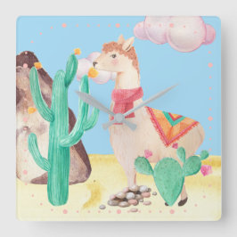 Arzona Desert LIama Cactus Flowers Nature Fyrkantig Klocka
