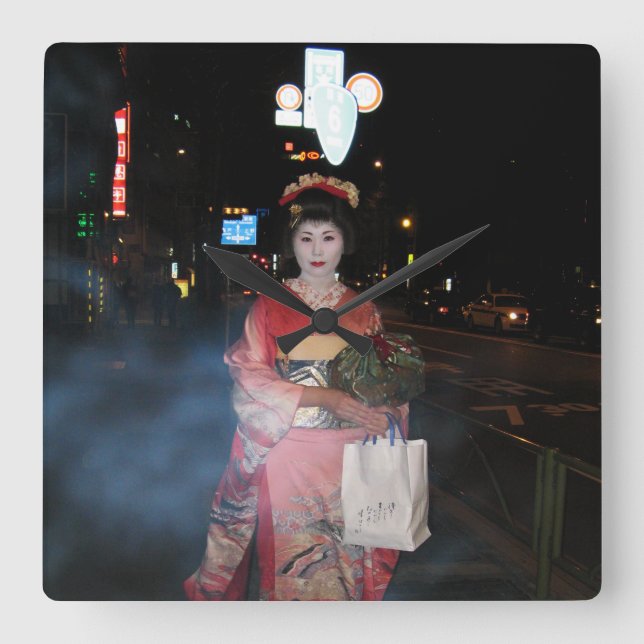 Asakusa Geisha Neo Tokyo Fyrkantig Klocka (Framsida)