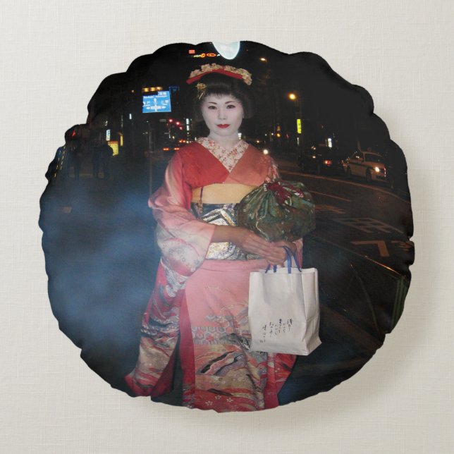 Asakusa Geisha Neo Tokyo Rund Kudde (Framsidan)