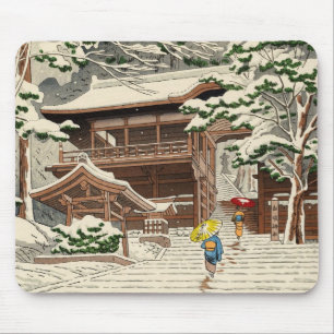 Asano Takeji Snö i Yuki Shrine shin hanga konst Musmatta