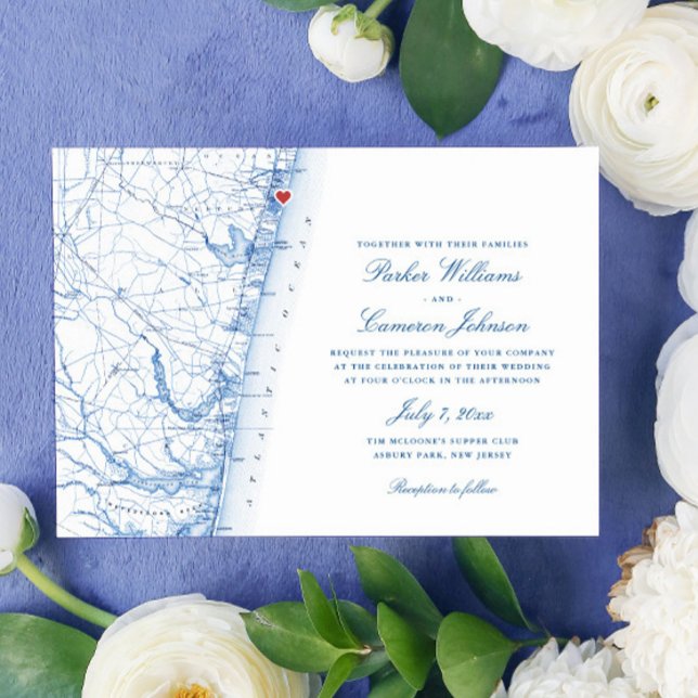 Asbury Park New jersey Karta Elegant Navy Bröllop Inbjudningar (This Asbury Park New Jersey wedding invitation is perfect for your elegant Jersey Shore wedding)