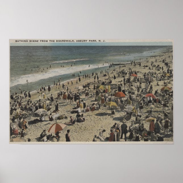 Asbury Park, NJ - Bathing Scene från Boardpromenad Poster (Framsidan)