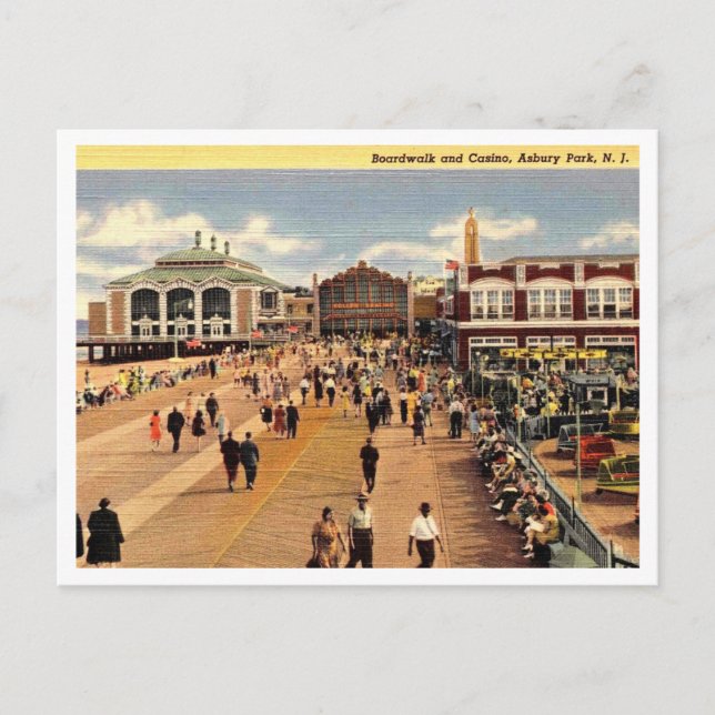 Asbury Park NJ Boardpromenad och Casino 1940-talet Vykort (Framsida)