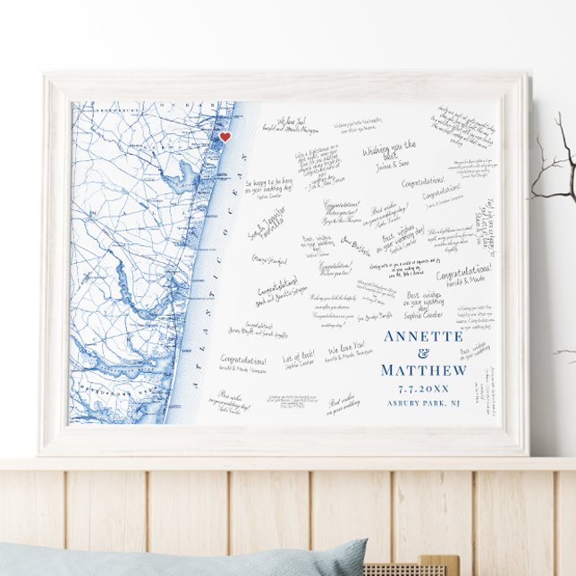 Asbury Park NJ Bröllop Elegant Gästboksposter Poster (Asbury Park Map Wedding Guest Book Poster in elegant navy blue by Coastal Map Designs)