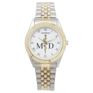 Asclepius stav guld på vit läkare MD Armbandsur