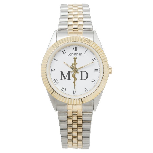 Asclepius stav guld på vit läkare MD Armbandsur (Framsida)
