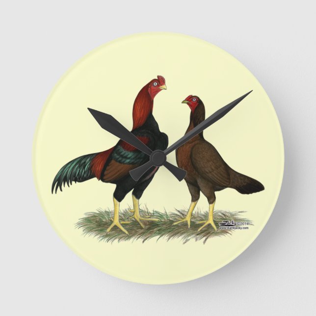 Aseel Black Red Chickens Rund Klocka (Framsida)