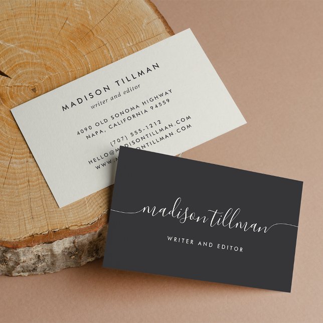 Ash Black & Ivory Modern Calligraphy Script Visitkort (Skapare uppladdad)