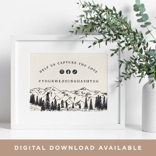 Ash Black Mountain Sketch Bröllop Hashtag Sign Poster