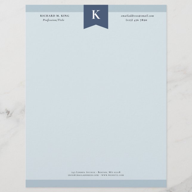 Ash Blue Elegant fet Monogram kontaktinformation Brevhuvud (Framsida)