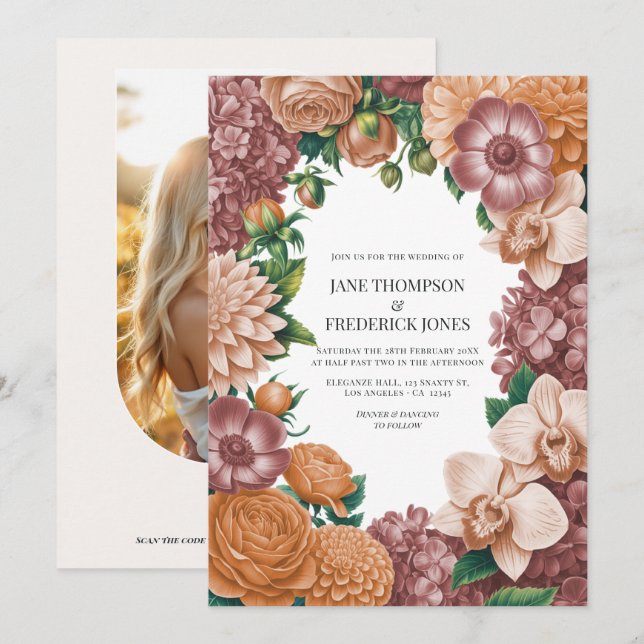 Ash Rose, Vintage Persika & Mjuk Terrakotta Bröllo Inbjudningar (Fram/baksida)