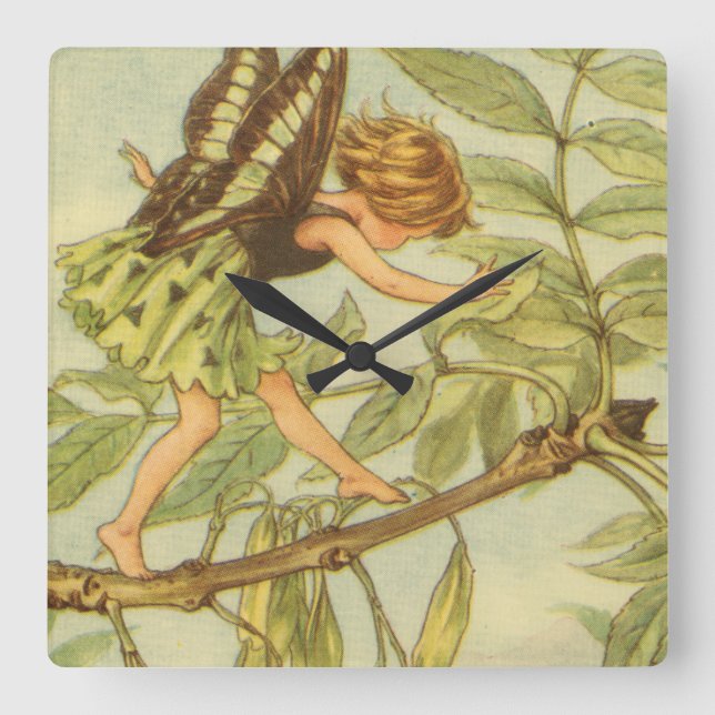 Ash Träd Fairy Walking på Gren Fyrkantig Klocka (Framsida)