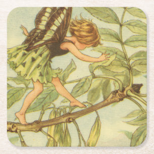 Ash Träd Fairy Walking på Gren Underlägg Papper Kvadrat
