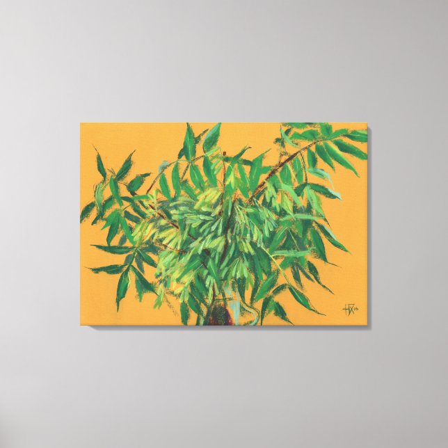 Ash-Träd, Grönt Löv Blommigt Art Painting-Gult Canvastryck (Framsida)