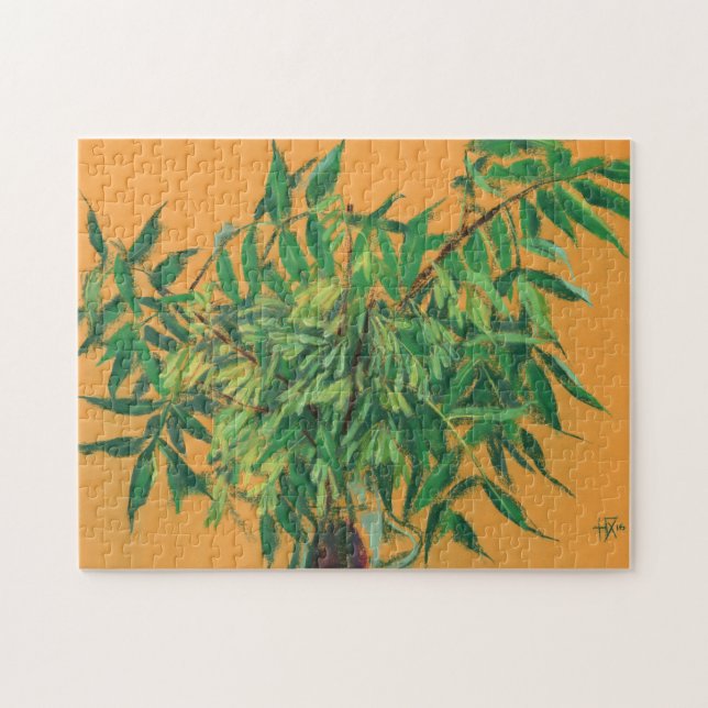 Ash-Träd, Grönt Löv Blommigt Art Painting-Gult Pussel (Horisontell)