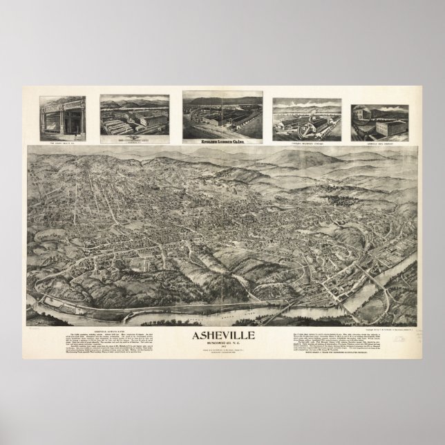 Asheville N. Carolina 1912 Antique Panoramic Karta Poster (Framsidan)