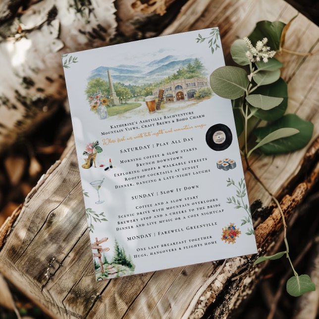 Asheville NC Bachelorette Weekend Itinerary Inbjudningar (Skapare uppladdad)