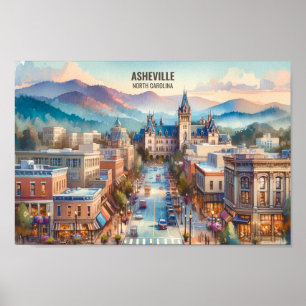 Asheville North Carolina Travel Ställe vattenfärg Poster