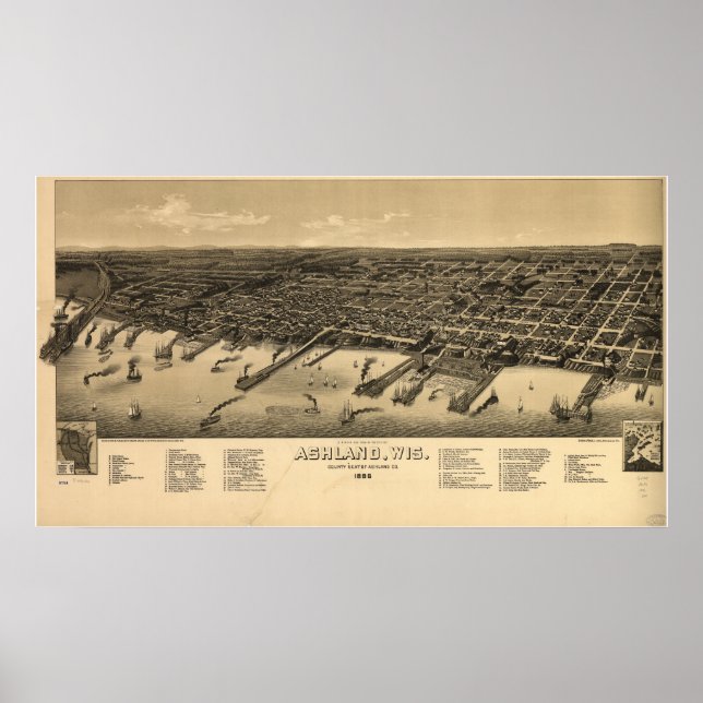 Ashland Wisconsin 1886 Antique Panoramic Karta Poster (Framsidan)