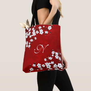 Asia Blommigt Red White Cherry Blommar Monogram Tygkasse