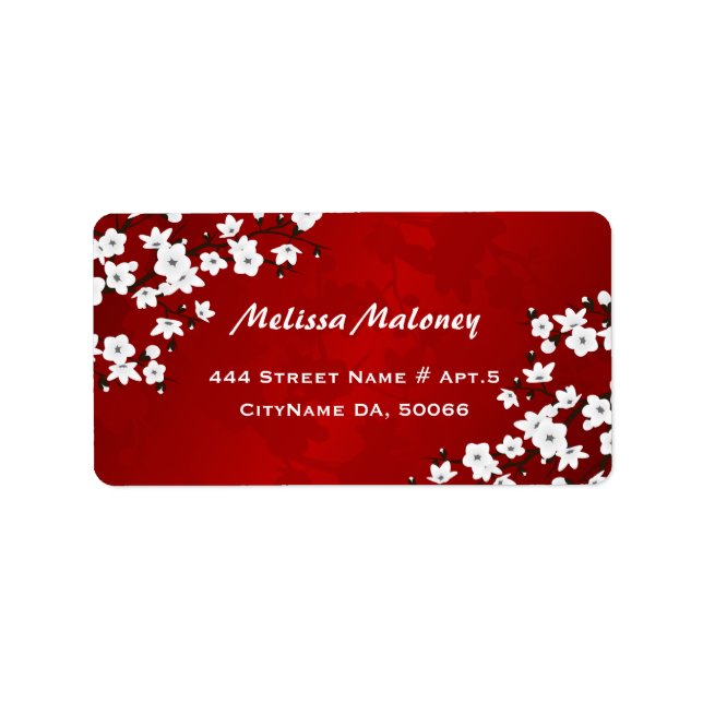 Asia Blommigt White Cherry Blommar Red Adressetikett (Framsidan)