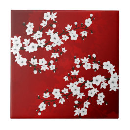 Asia Blommigt White Cherry Blommar Red Kakelplatta