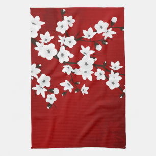 Asia Blommigt White Cherry Blommar Red Kökshandduk
