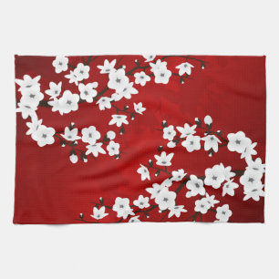 Asia Blommigt White Cherry Blommar Red Kökshandduk