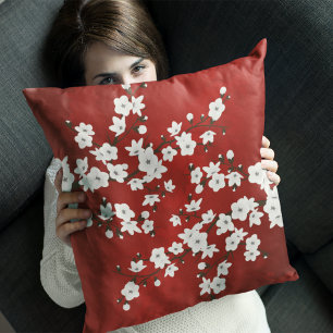 Asia Blommigt White Cherry Blommar Red Kudde