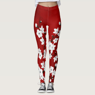 Asia Blommigt White Cherry Blommar Red Leggings