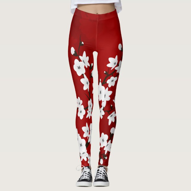 Asia Blommigt White Cherry Blommar Red Leggings (Framsida)