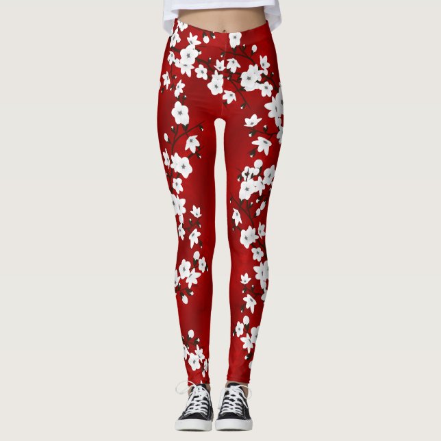Asia Blommigt White Cherry Blommar Red Leggings (Framsida)