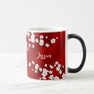 Asia Blommigt White Cherry Blommar Red Monogram Magisk Mugg