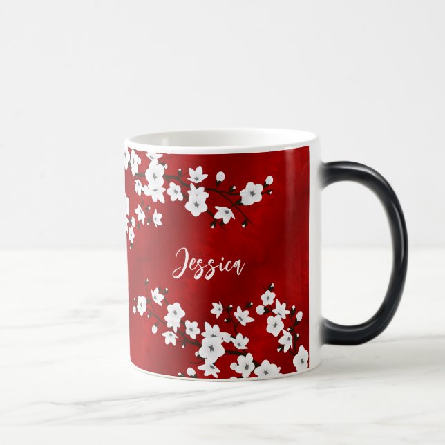 Asia Blommigt White Cherry Blommar Red Monogram Magisk Mugg (Höger)
