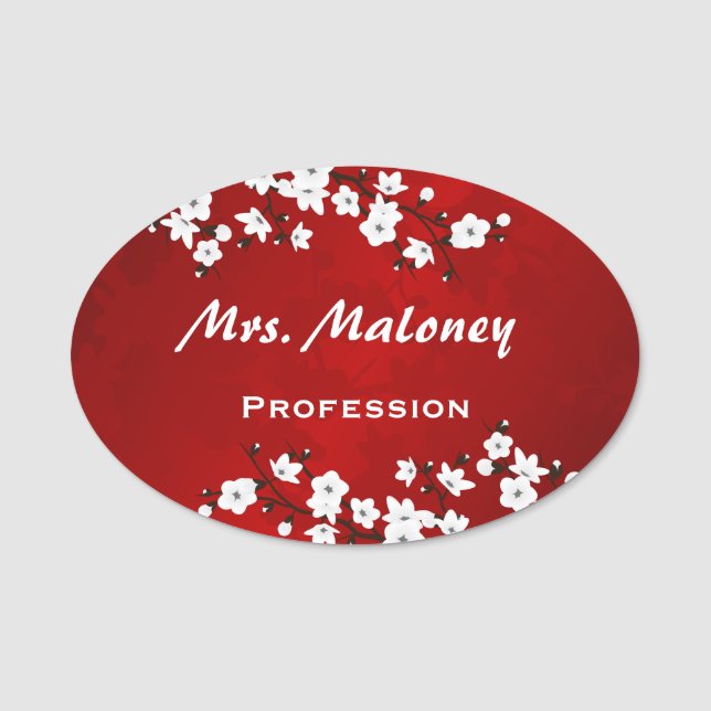 Asia Blommigt White Cherry Blommar Red Namnbricka (Framsida)