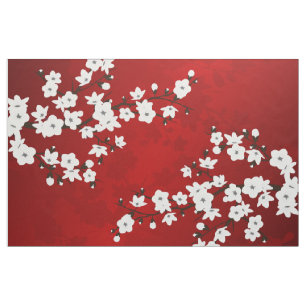 Asia Blommigt White Cherry Blommar Red Tyg