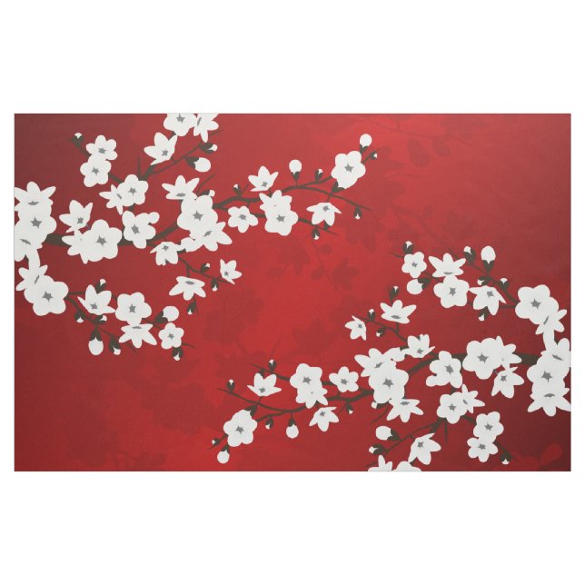 Asia Blommigt White Cherry Blommar Red Tyg (Yard)