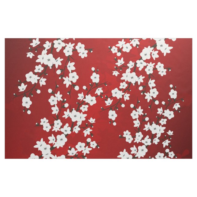 Asia Blommigt White Cherry Blommar Red Tyg (Yard)