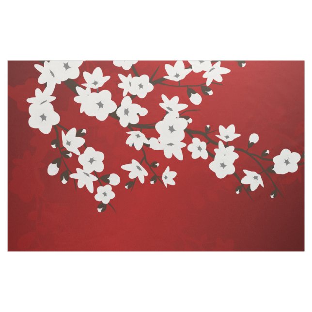Asia Blommigt White Cherry Blommar Red Tyg (Yard)
