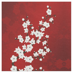 Asia Blommigt White Cherry Blommar Red Tyg