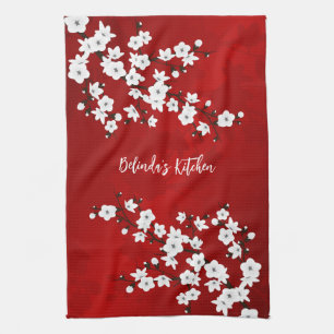 Asia Blommigt White Red Cherry Blommar Add Namn Kökshandduk