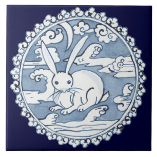 Asia Blue Rabbit in Clouds Ancient Pottery Design Kakelplatta