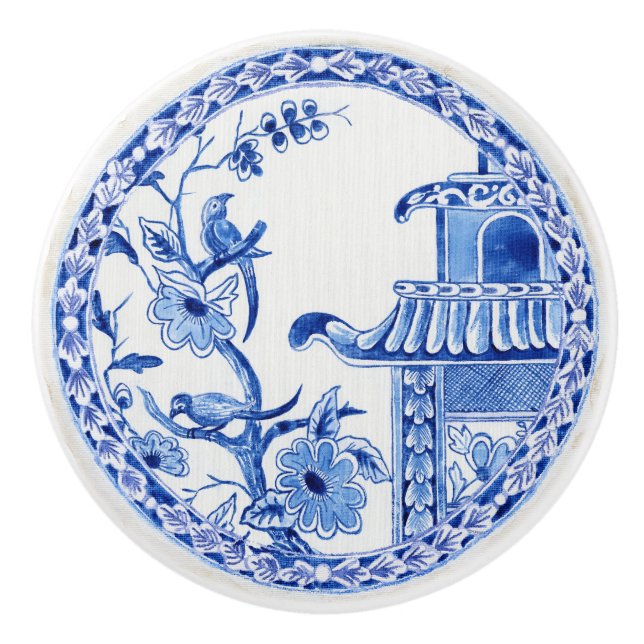 Asia Influence Blue White Blommigt Bird and Pagoda Knopp (Framsidan)