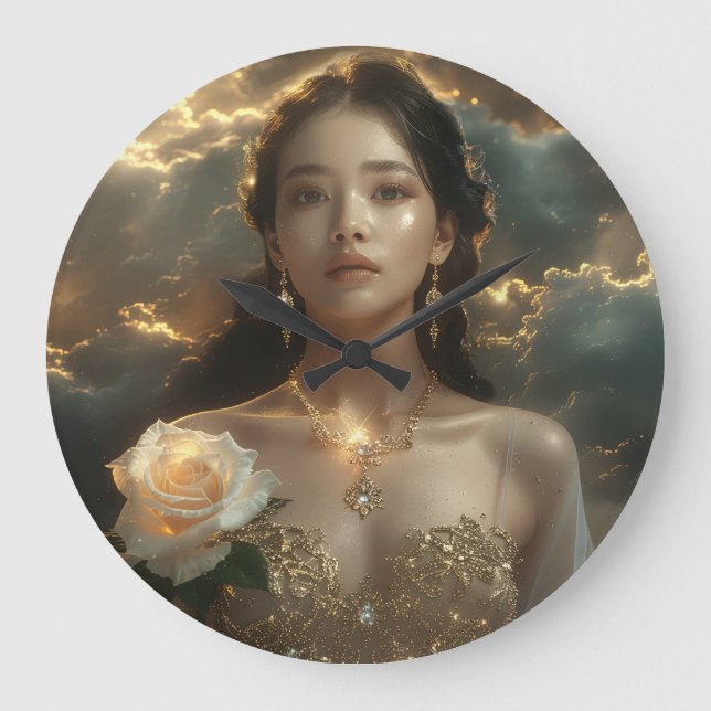 Asian Beauty With White Rose Stor Klocka (Framsida)